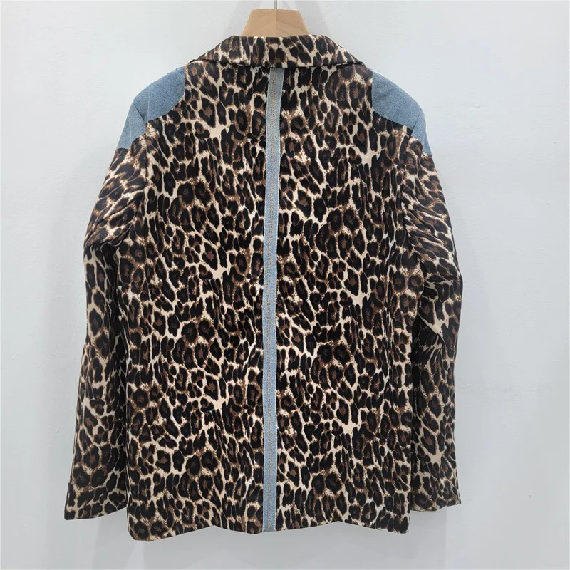 Vrouwen Luipaard Gedrukt Gesplitst Denim Pak Jas Cowboy Patchwork Jeans Blazers Jas Lente Herfst Cowboy Vest Tops 2025