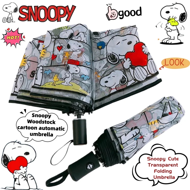 Snoopy Woodstock Cartoon Kreativer Automatischer Regenschirm Zweidimensionale Animation Transparenter 3-fach Faltbarer Regenschirm Geschenk
