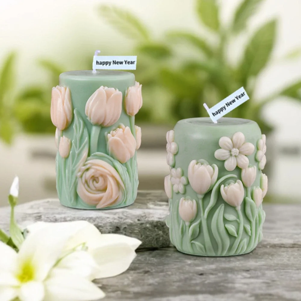 Relief Daisy Pillar Silicone Mold for Scented Candle Tulip Cylinder Gypsum Soap Moulds Flower Geometry Party Decor Gifts for Mom