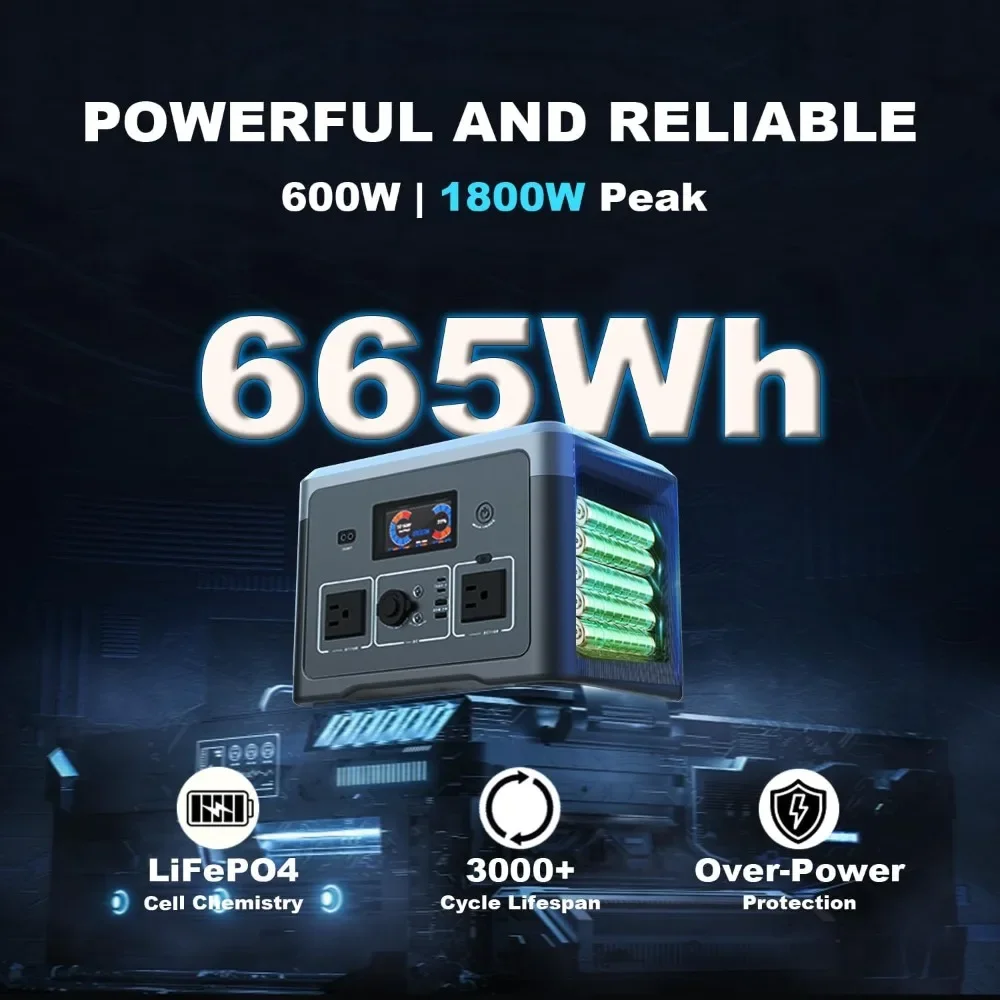 Portable Power Station 600W 665.6Wh LiFePO4 Battery Backup Solar Generator with 2x 600W AC Outlets(Surge 1800W),LED Lights,Music