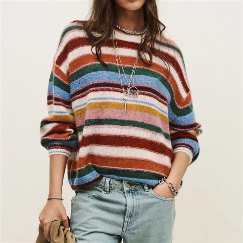 

Новый весенний женский свитер с круглым вырезом, радужными полосками, пушистый, мягкий, из мохера, с длинными рукавами, вязаный, высококачественный, модный пуловер, базовый слой