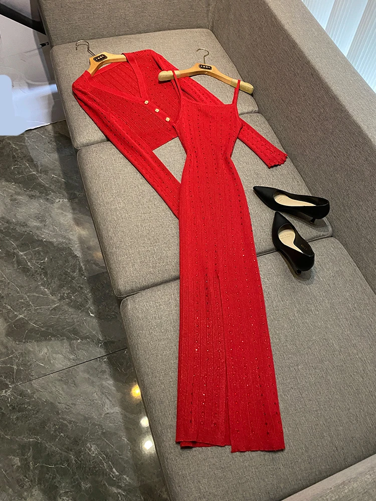 

Новинка осени 2025 года, вязаное платье Dr Rich Girl Sle Diamond с теплопередачей, шерстяное платье с бретельками для поездок на работу Sle Faion...