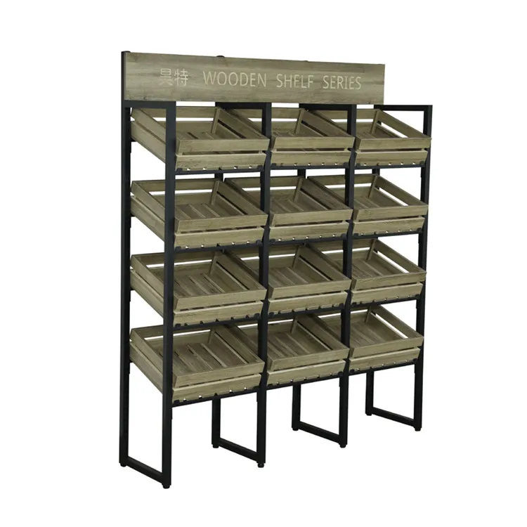 

Hot Sale Single Side Vegetable and Fruit Display Rack Shelf 4 Layer Wooden Box Supermarket Shelf