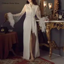 Large Mesh Feather Sleeve Kimono Women Bride Wedding Dresses Satin Robe Long Vestidos De Novia Luxury Lingerie Sleepwear