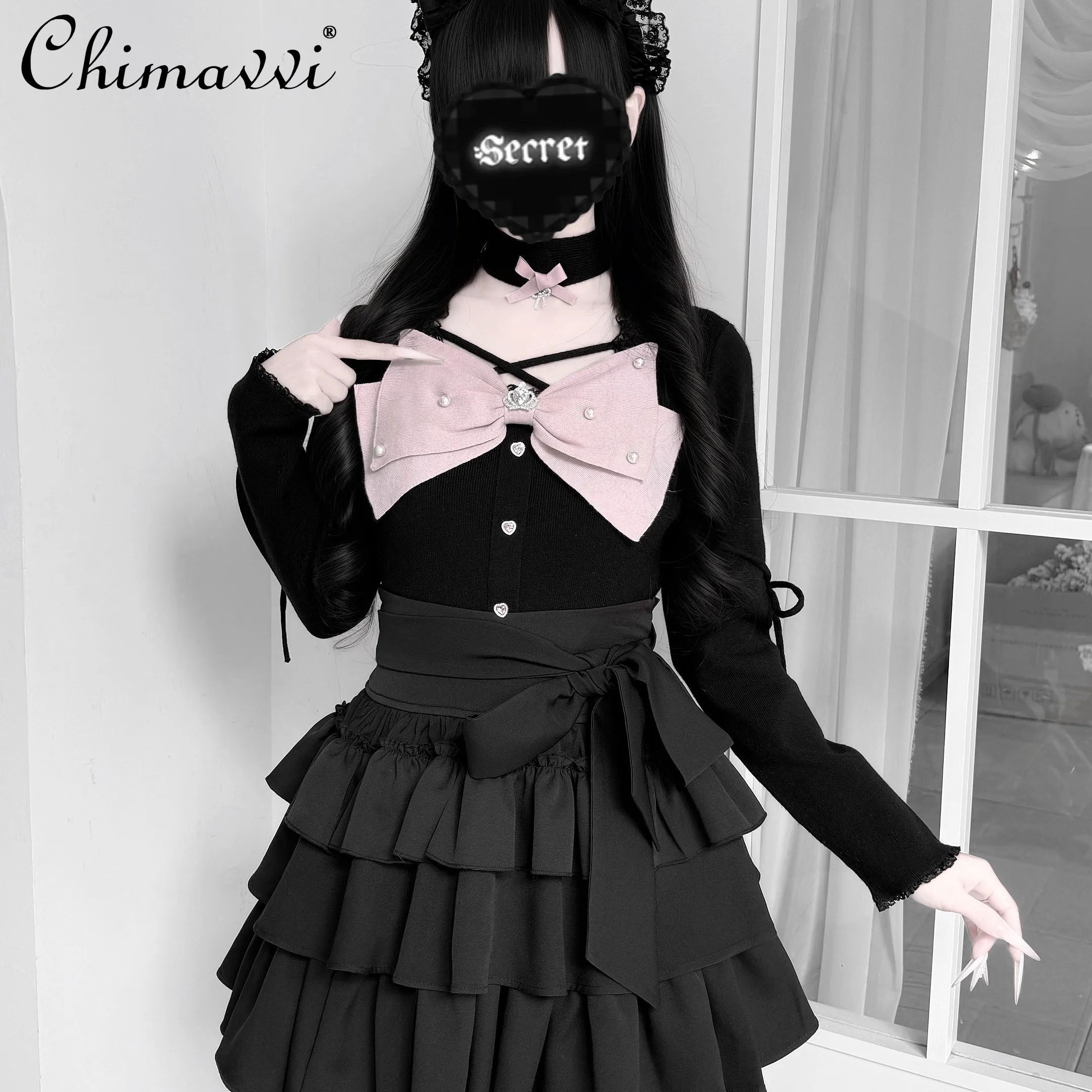 

Japanese Style Lace Mass-Produced Sweet Girl Long-Sleeve Knitted Top and Cake Skirt Two-Piece 2026 Spring New Women Lolita Set