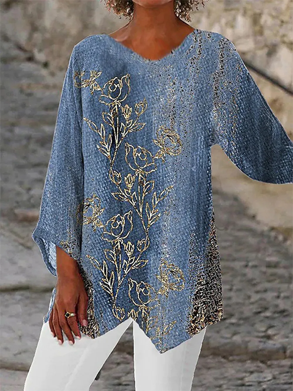 T-shirt for Women 2023 Fall New Fashion Loose Sequins Star Print Long-sleeved V-neck Blouse