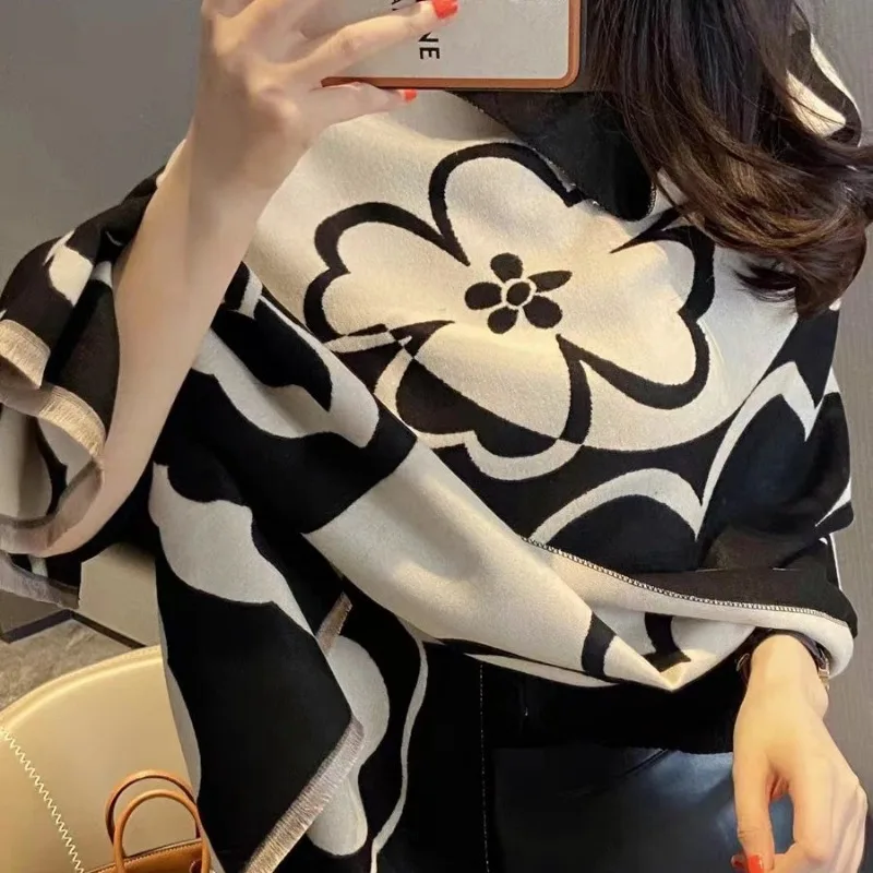 Elegant Women\'s Floral Soft Acrylic Cashmere Scarf Shawl Autumn and Winter Scarf Spring Summer Travel Cloak Long Style