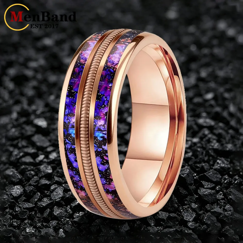 Fashion 8mm Men Women New Wedding Band Tungsten Carbide Ring with Orion Nebula and Rose Gold Guitar String Inlay Comfort Fit view 3