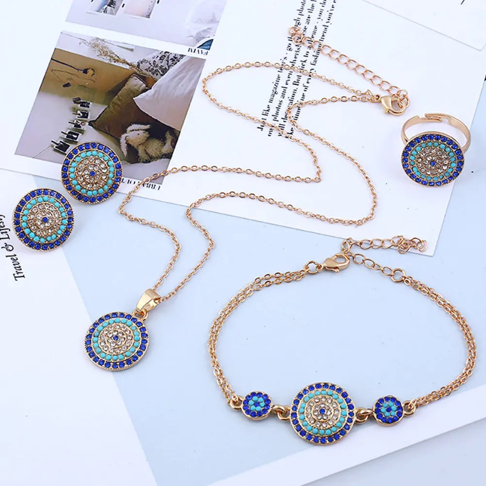 Turkish Evil Eye Jewelry Set for Women – Necklace, Earrings, Ring & Bracelet in Blue Alloy