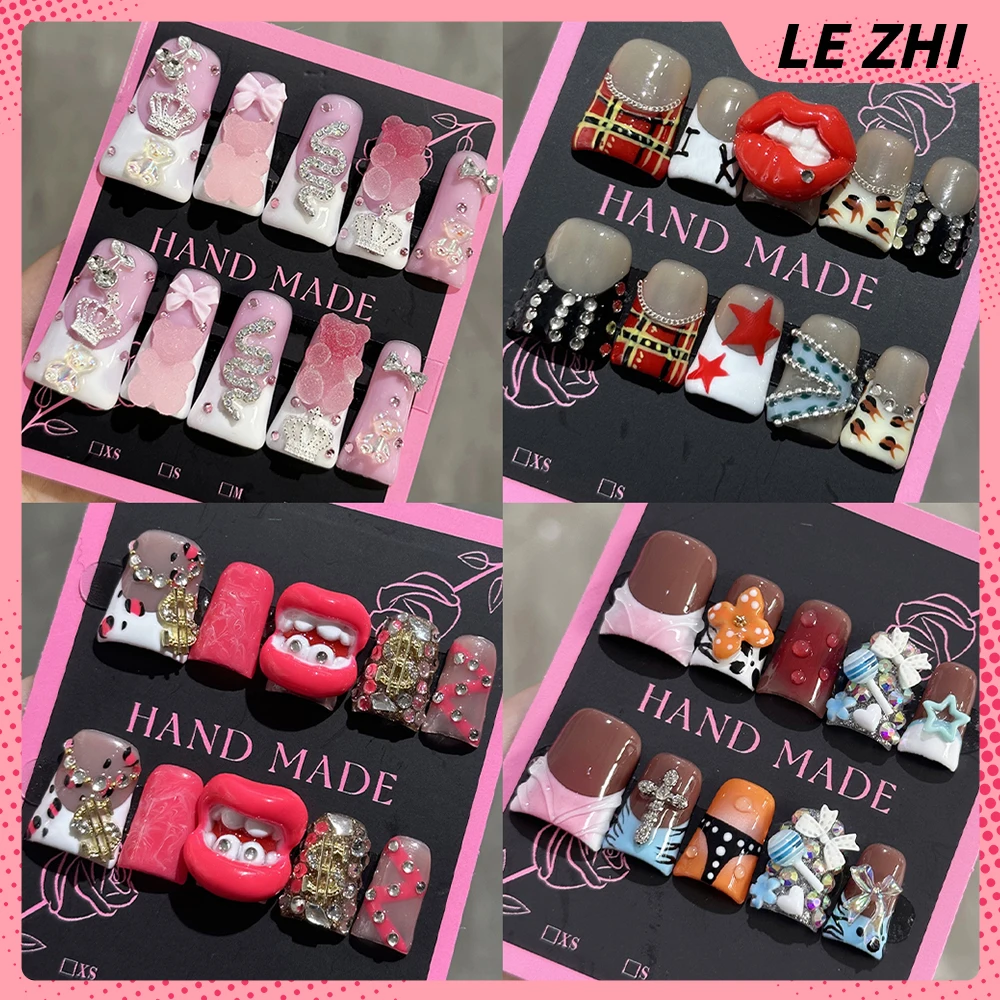 

Y2K Spice Girl Handmade Short Duckbill Wearable French Full Cover Nail 3D Flower Lips Diamond Bowknot Butterfly Press On Nails