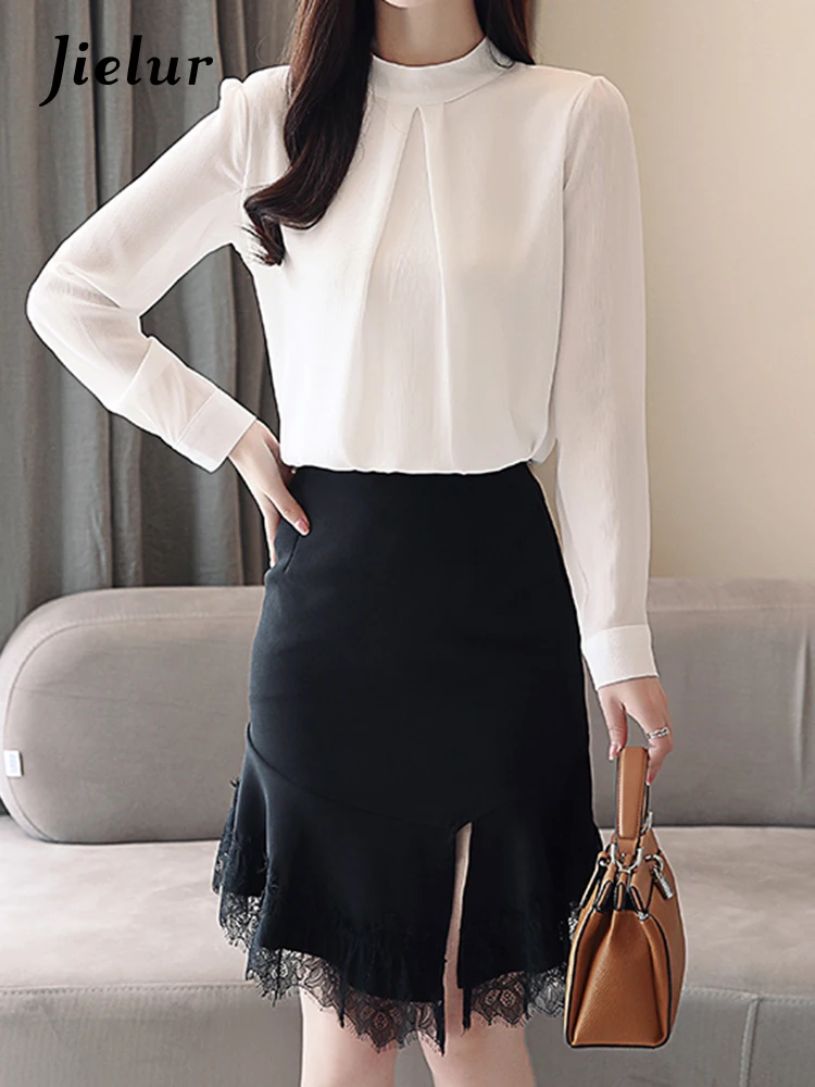 Jielur New Solid Color Slim Ladies Women Blouse Casual Fashion Elegant Blouse Woman Black and White Long Sleeve Chiffon Top