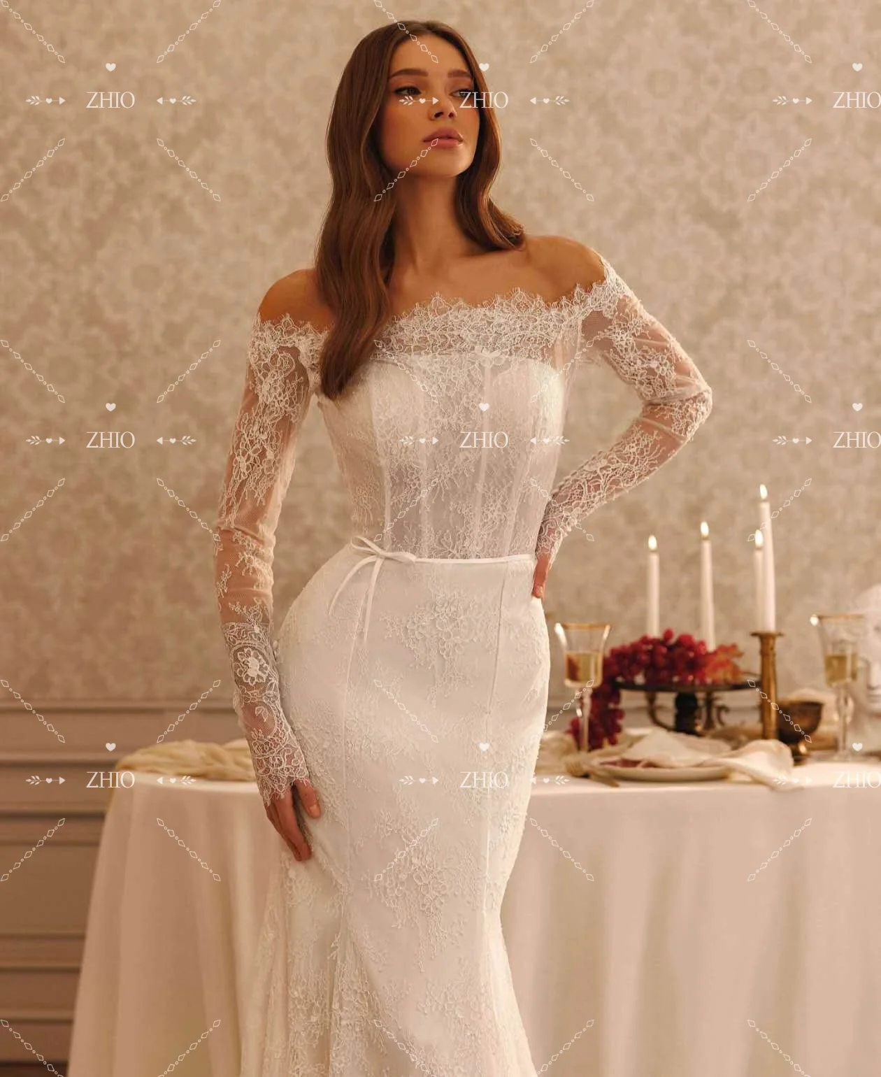 ZHIO فستان زفاف فاخر بحورية البحر من الدانتيل بدون أكتاف وأكمام طويلة سويب تراين فستان زفاف نسائي مخصص فيستدو دي نوفيا