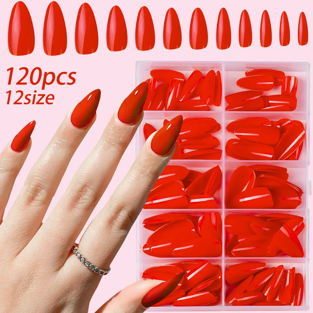 120pcs Red Glaze Glossy Press On Nails Fake Nails Short Almond Design Artificial Harmless False Nails Valentine Gifts For Women