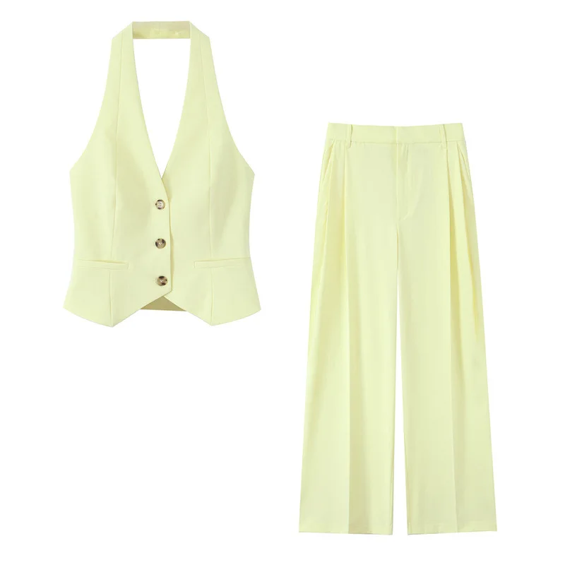 

Women Two Piece Set Chic Halter Neck Single-Breasted Sleeveless Halter Vest Tops High Waist Wide Leg Pant Women Elegant Suit