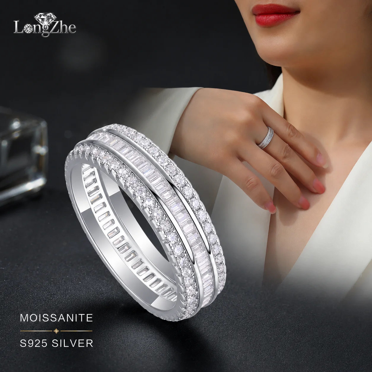 LongZhe S925 Sterling Silver Moissanite Ring Baguette Cut Pave Wide Band Stackable Silver 925 Rings Daily Jewelry Gift for Women