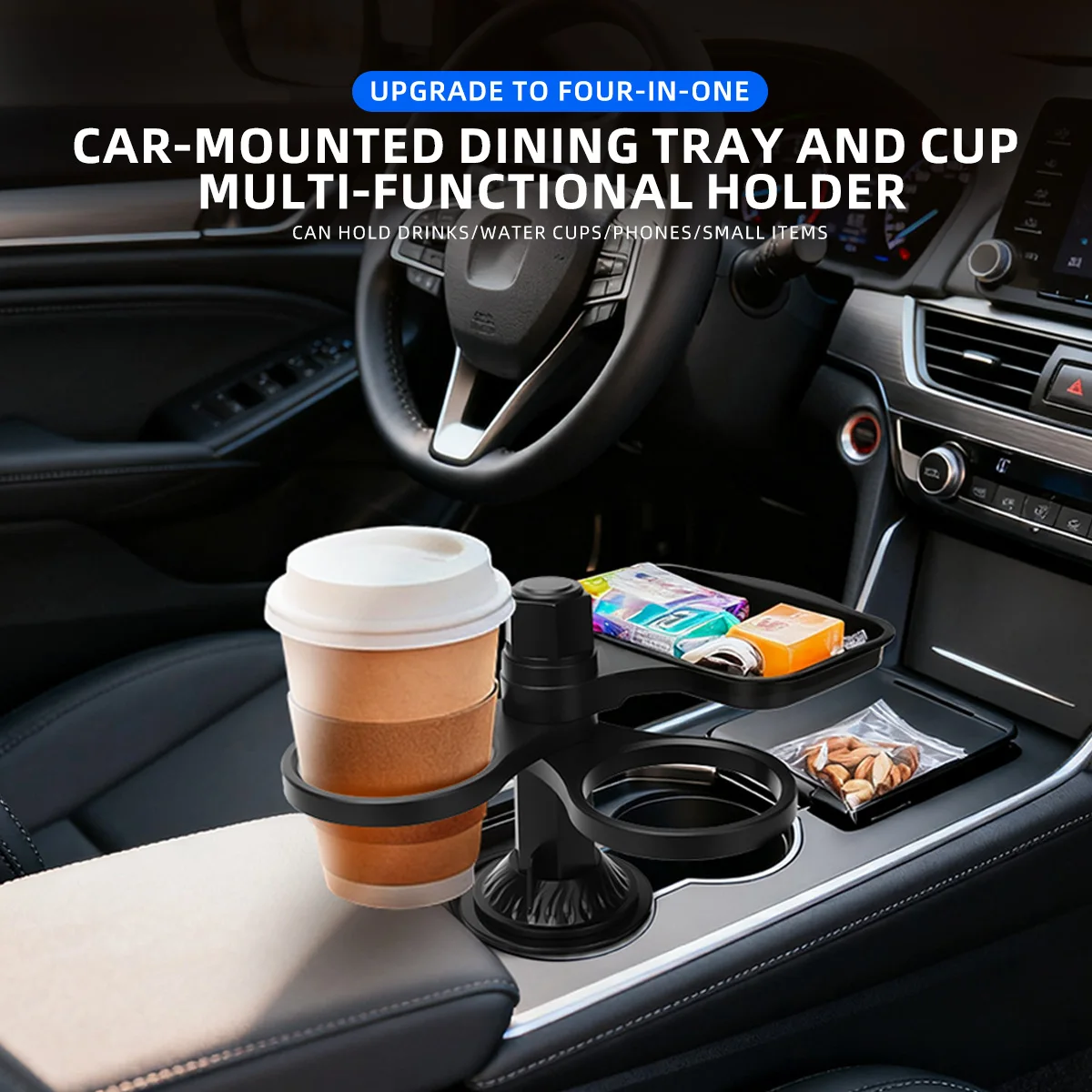 360° Rotating Design Car Cup Holder Tray-Expandable Food Table with 3in1 Detachable Sturdy Base for RV Long Trips Table Tray