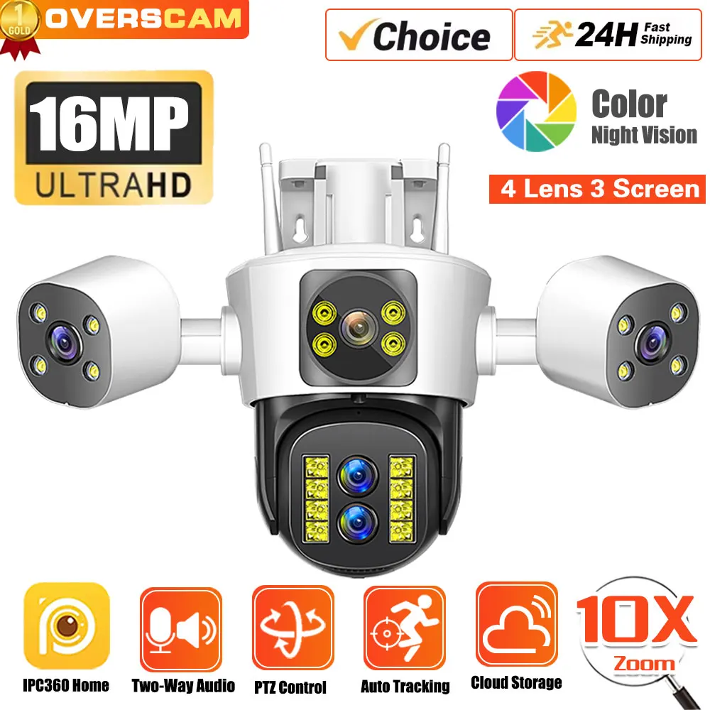 

8K 16MP Outdoor Four Lens Three Screen 10X PTZ Zoom WiFi Camera CCTV Security-Protection Ai Tracking Surveillance IPC360 App