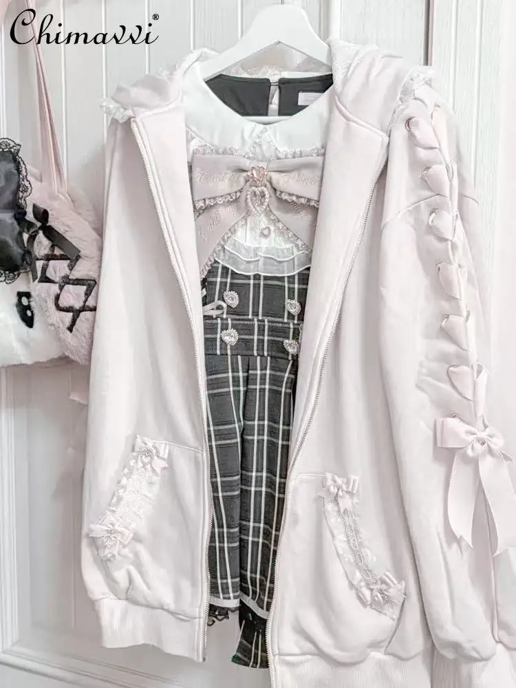 Autumn 2025 New Japanese Liz Cute Rabbit Ear Lace Hooded Sweatshirt Sweet Girl Women Loose Tie Long Sleeve Lolita Jacket