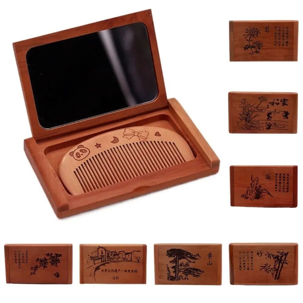 

Durable 2 in 1 Wooden Comb Mirror Set Mini Vintage Makeup Mirror Handheld Rectangle Portable Folding Mirror Girl Lady