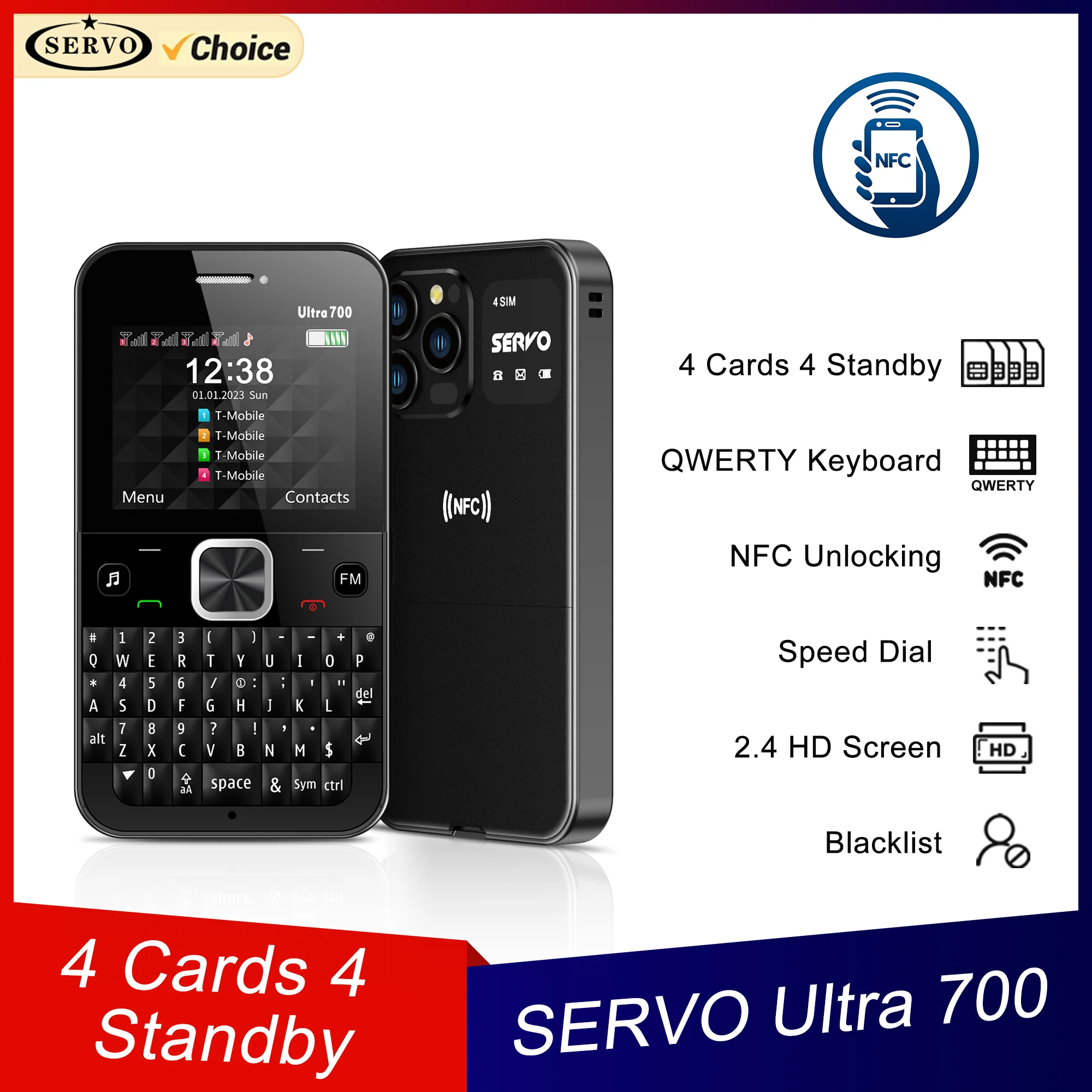 SERVO 4 SIM card 4 standby Mobile Phone Speed Dial Blacklist FM Radio Automatic Call Recording QWERTY Keyboard Cellphone TypeC