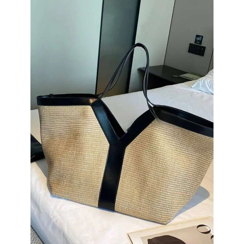 

New women's bag striped bag fashionable and versatile straw woven bag large capacity bag contrasting color tote bag