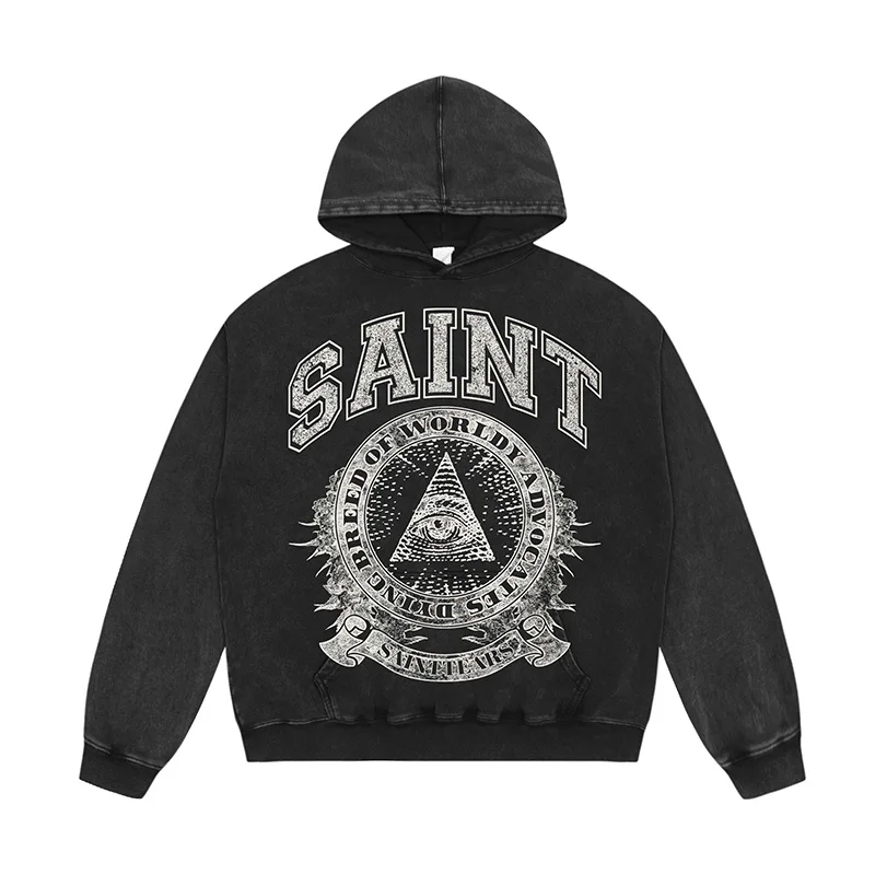 Autumn Winter High Quality Vintage Washed Black Blue Saint Hoodie Hooded Men Women Streetwear Crack Logo Pullovers