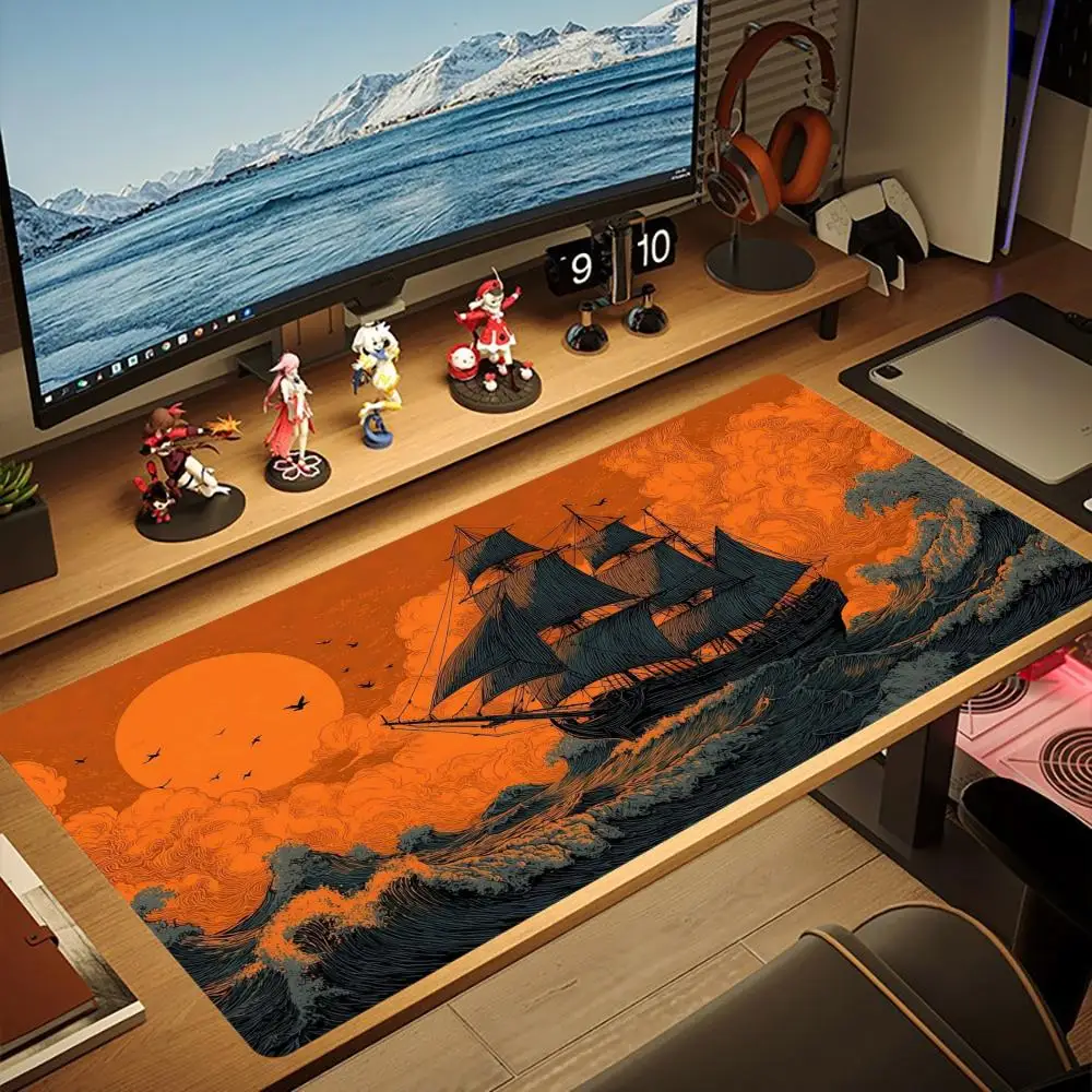 Vintage Sailboat Wave XXL Gaming Mouse Pad Non-Slip Rubber Overlocked Deskmat Starry Night Anime Ocean Keyboard Game Table Mats