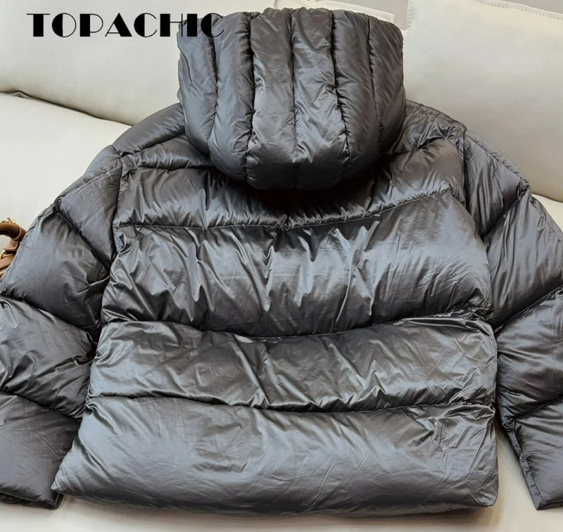 8.31 TOPACHIC-Women Fashion Goose Down Keep Warm Thick Skiing Short Outerwear Stand Collar Hooded Long Sleeve Zipper Down Coat