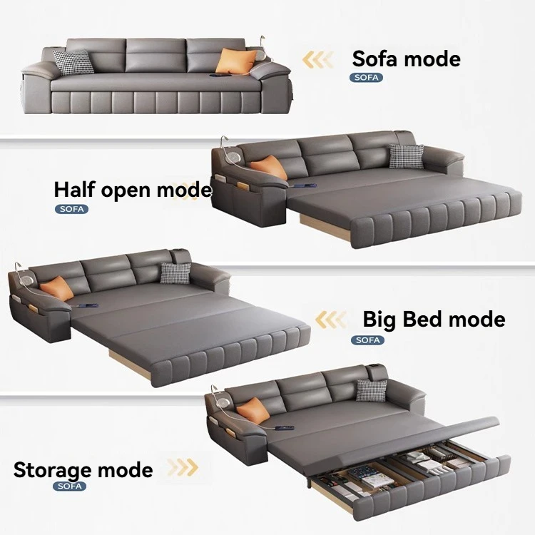 Smart convertible fabric sofa bed with storage and charging ports for modern apartments and family living spaces