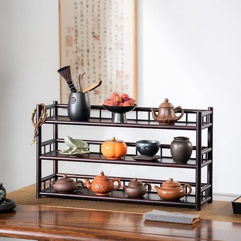 

Bamboo Red Sandal Tea Set Rack - Three-layer Antique Storage, Chinese Tea Shed Holder for Teacups & Accessories, Cup Display.