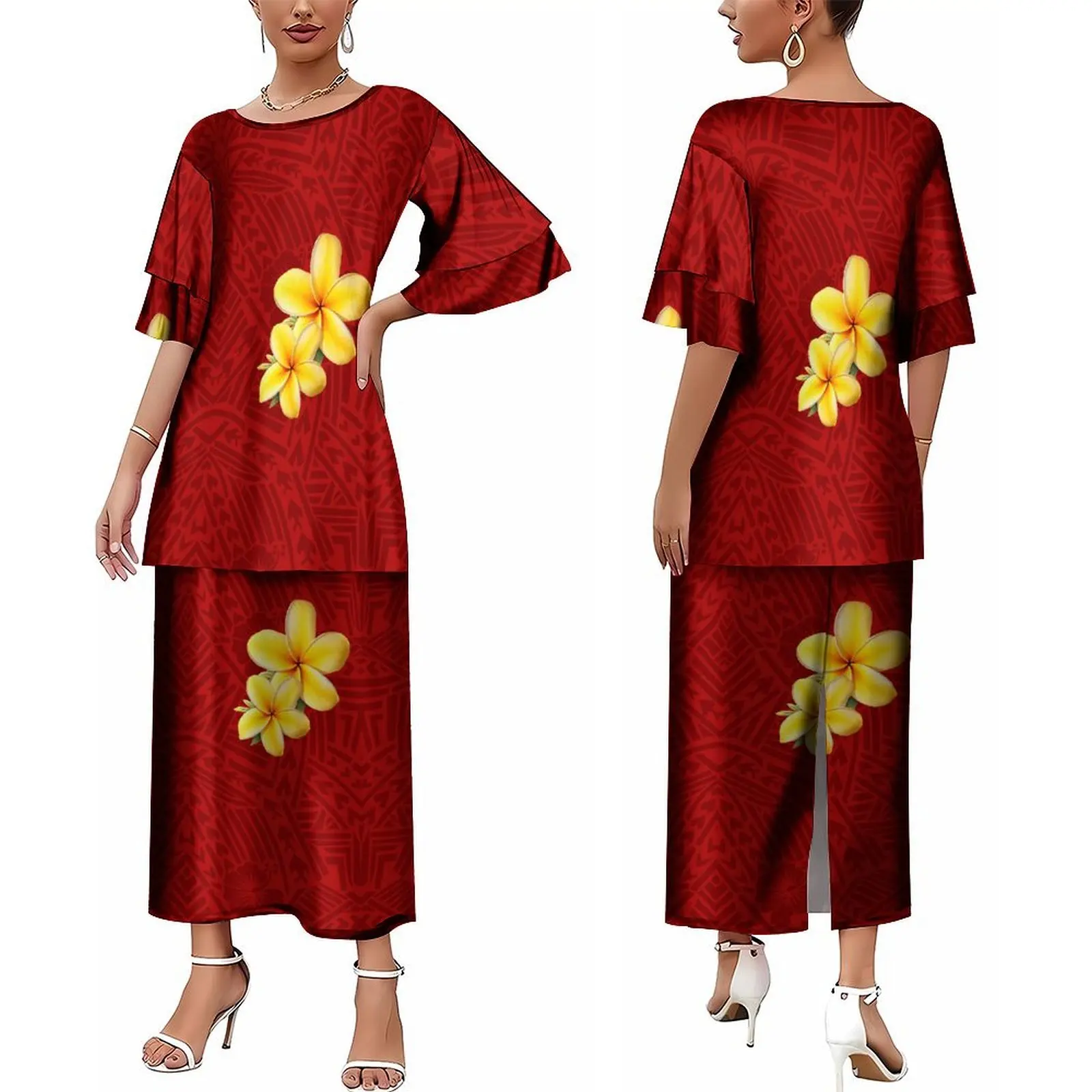 Summer Short Sleeve Women'S Puletasi Polynesian Dress Casual Suit Dress New Slit Design Hibiscus Flower Dress Island Style