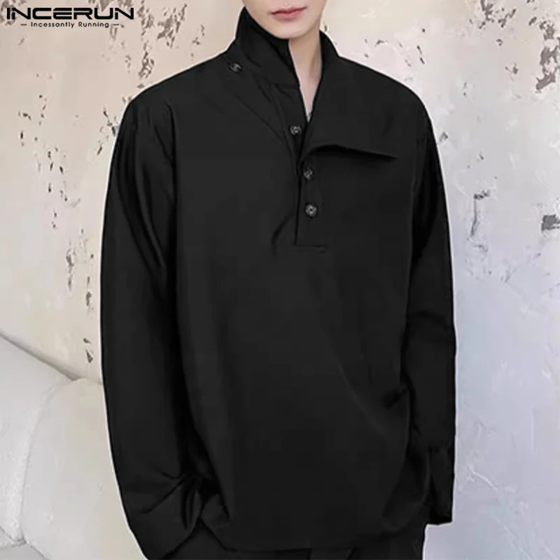 Moda Casual Style Tops INCERUN New Men Asymmetrical Neck Design Shirts Male Simple Solid Loose Long Sleeved Blouse S-5XL 2024