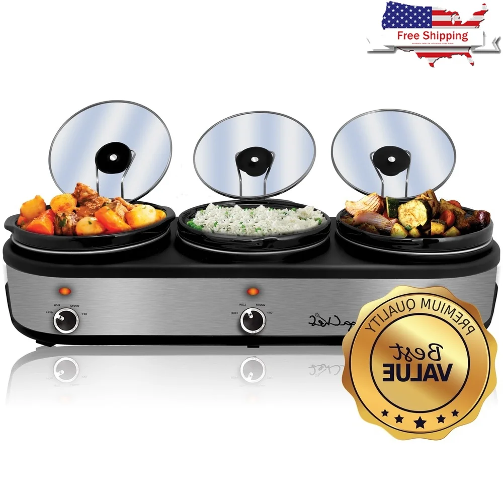 

Triple 2.5 Quart Slow Cooker Buffet Server with 3 Ceramic Pots Removable Lid Rests Anti Slip Feet Easy Serving