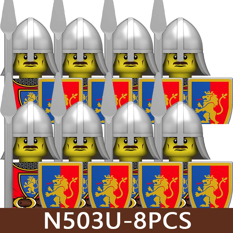 Medieval Castle UV Printed Soldier Figures Building Blocks Military Knight Warrior Spear Lion King Shield Accessories Bricks Toy view 4
