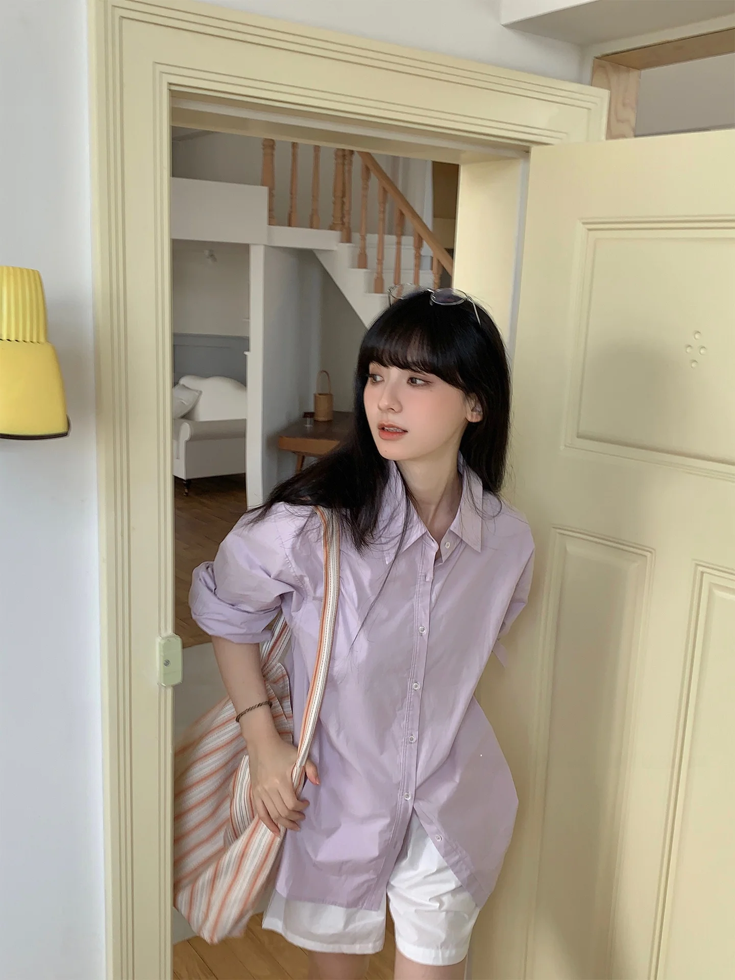 

Женская летняя рубашка-жакет из чистого хлопка в корейском стиле, свободного кроя, с длинным рукавом и воротником, влагоотводящая, стандартный крой