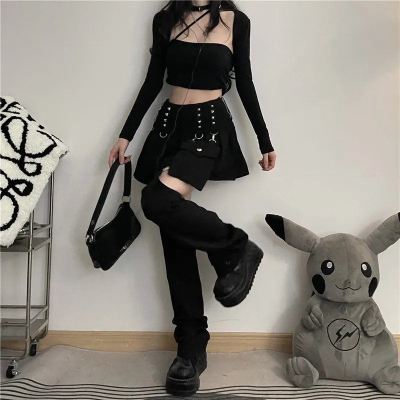 REDDACHiC Detachable Leg Warmers Denim Skirt Plain Black Jeans Pleated Mini Skirt Goth Punk Cyber Y2k Acubi Fashion 2-piece Set