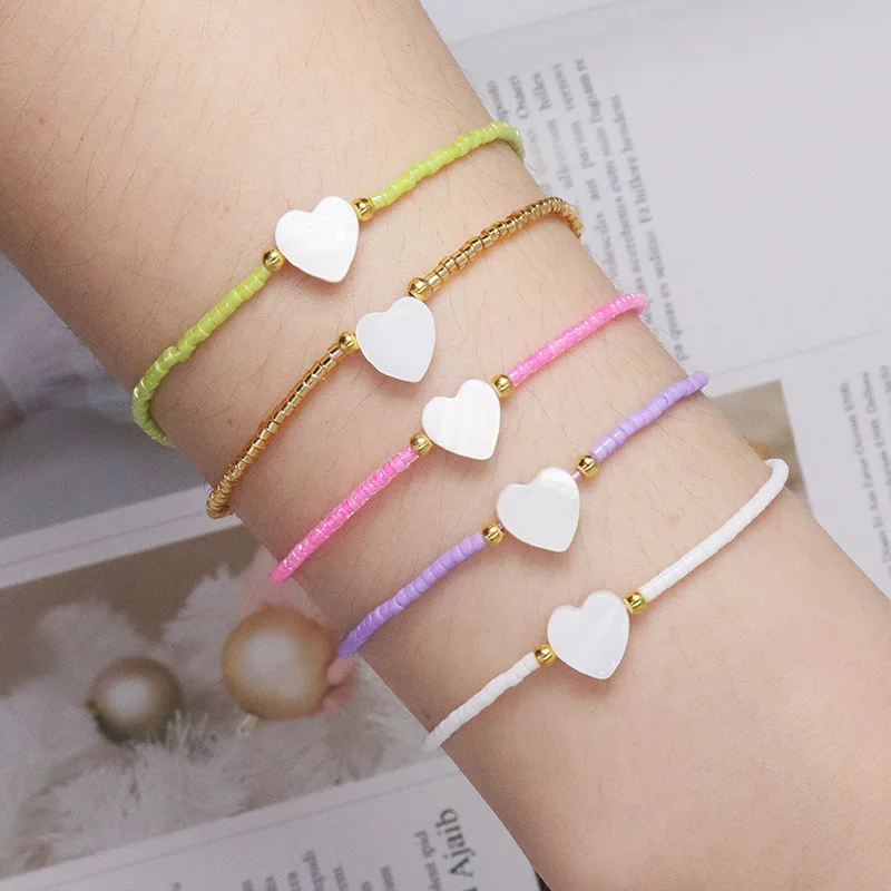 ZGMXR Bohemia Design Heart Sea Shell Rice Bead Bracelet Hand Knitted Adjustable Simple Fashion Beaded Jewelry