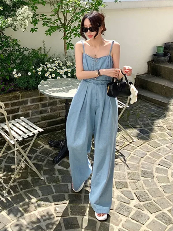 

Женский джинсовый комбинезон Ele с высокой талией, облегающий, на молнии, с квадратным вырезом, плиссированный, с длинными брюками, для повседневной носки, лето 2025