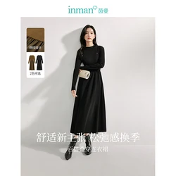 INMAN Knitted splicing women's Dress 2024 autumnwinter half high neck long-sleeve Elastic Waist A-line bottom long dresses