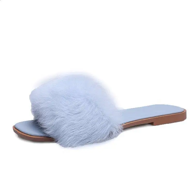 Slippers Casual Shoes For Girls Big Size Rubber Flip Flops Slides Fur Sliders Slipers Women Square Toe Low Luxury Lady Flat Summ