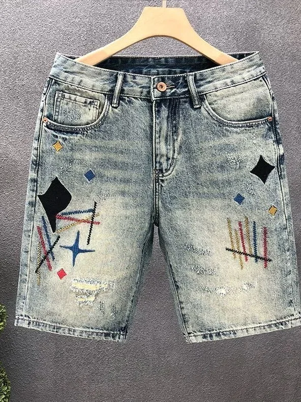 

Retro Style Embroidered Denim Shorts Five-Point Hole Thin Summer Elastic Loose Fit mid Waist Straight Leg Casual Jeans