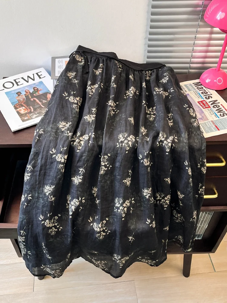 

Retro Floral Print A-Line Midi Skirt Women's Summer Slimming Loose Fit High Waist Gauze Skirt Ele Sle Commute Wear