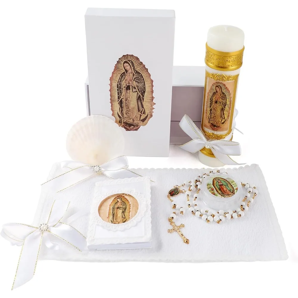 

Baptism Candle Set for Boys and Girls 5 PCS Kit with Virgen De Guadalupe Catholic Candle Towel Shell Rosary Bible Baptismal
