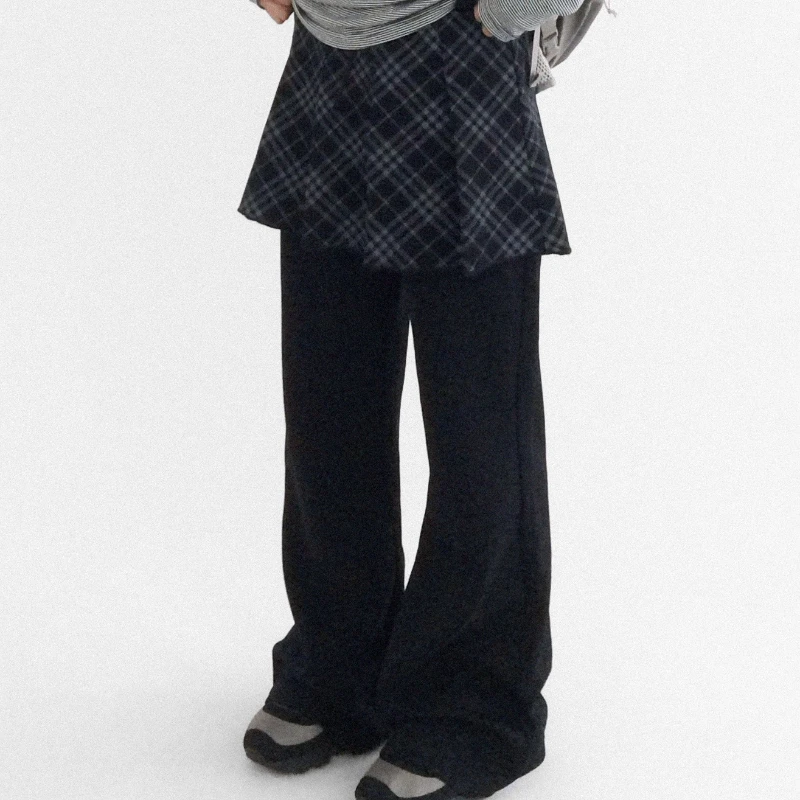 Autumn Winter New Knitted Stretch Fake Two-Piece Pleated Plaid Women's Skirt Pants Loose Elastic Waist Versatile Trousers Ladies