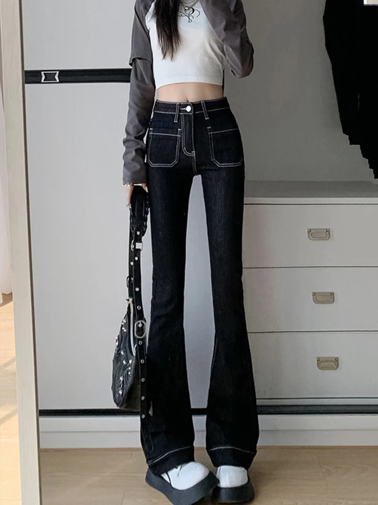 Single Breasted High Waist Flare Jeans For Women Spring Autumn High Street Slim Boot Cut Denim Pants Ladies Fishtail Jeans