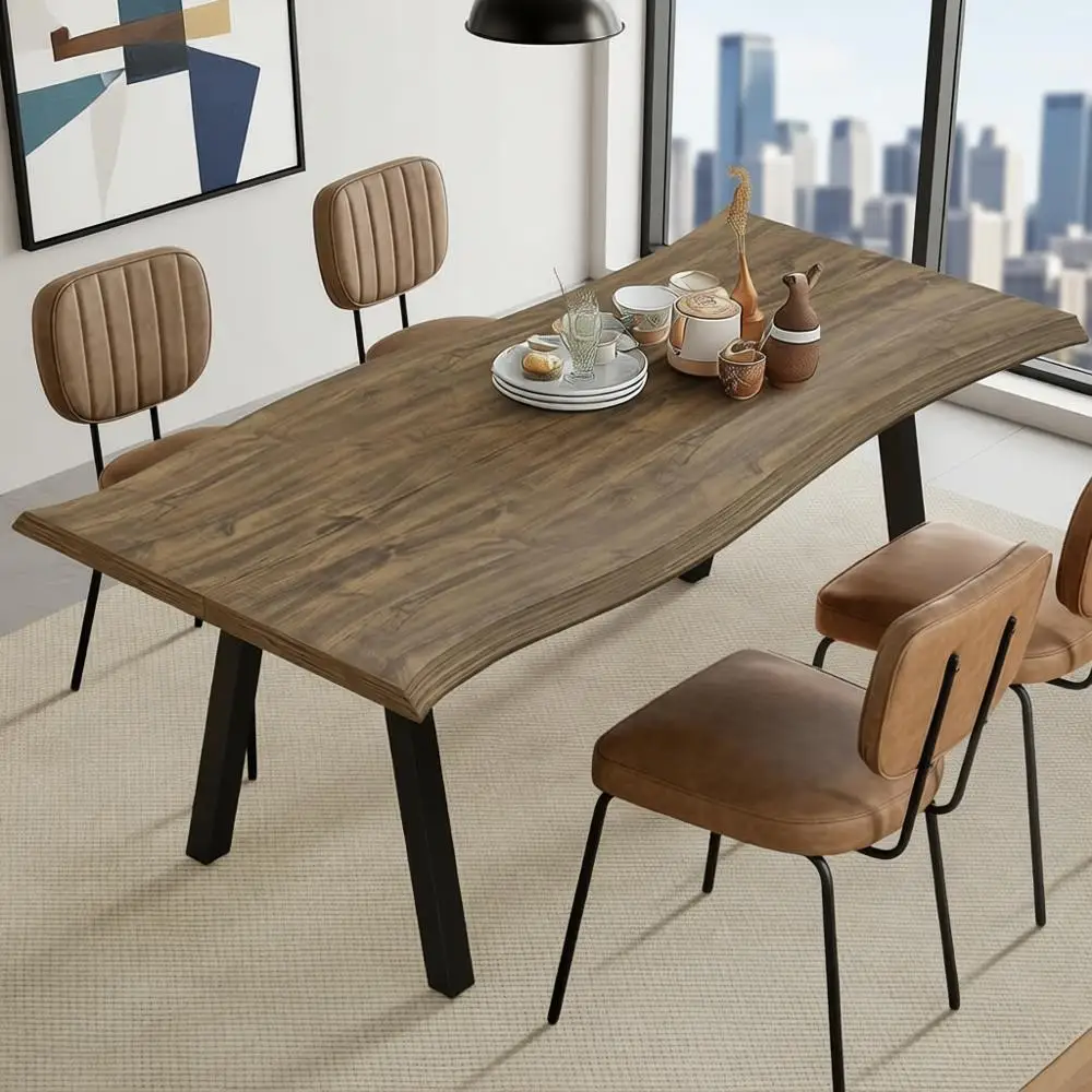 Mesa de comedor rectangular rústica Live Edge, 70 L para 4-6, muebles de cocina modernos de madera, patas de metal, fácil montaje y limpieza (marrón)