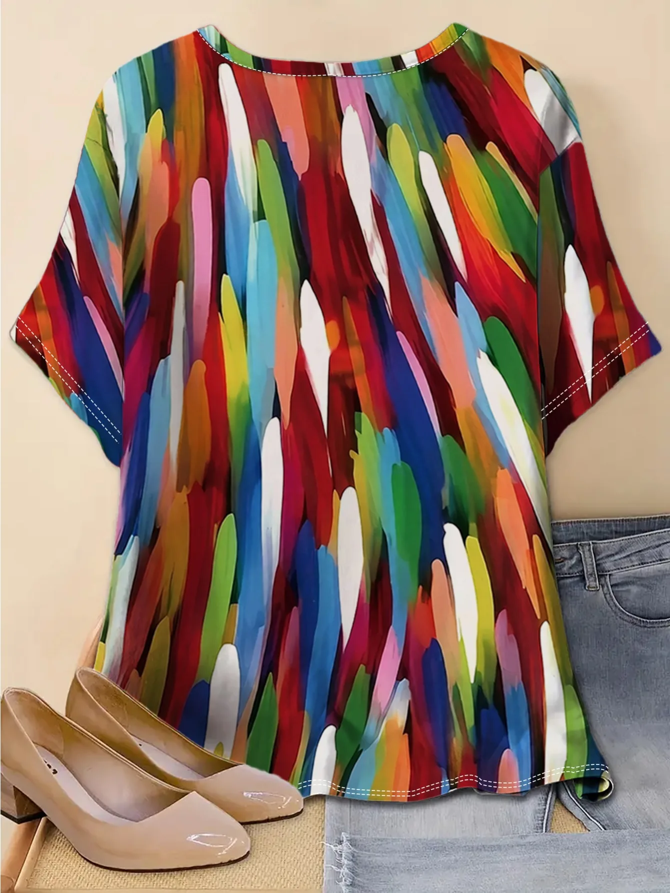 Women Colorful Abstract Paint Brush Stroke Print T‑Shirt Short Sleeve Crew Neck Casual Loose Summer Tops