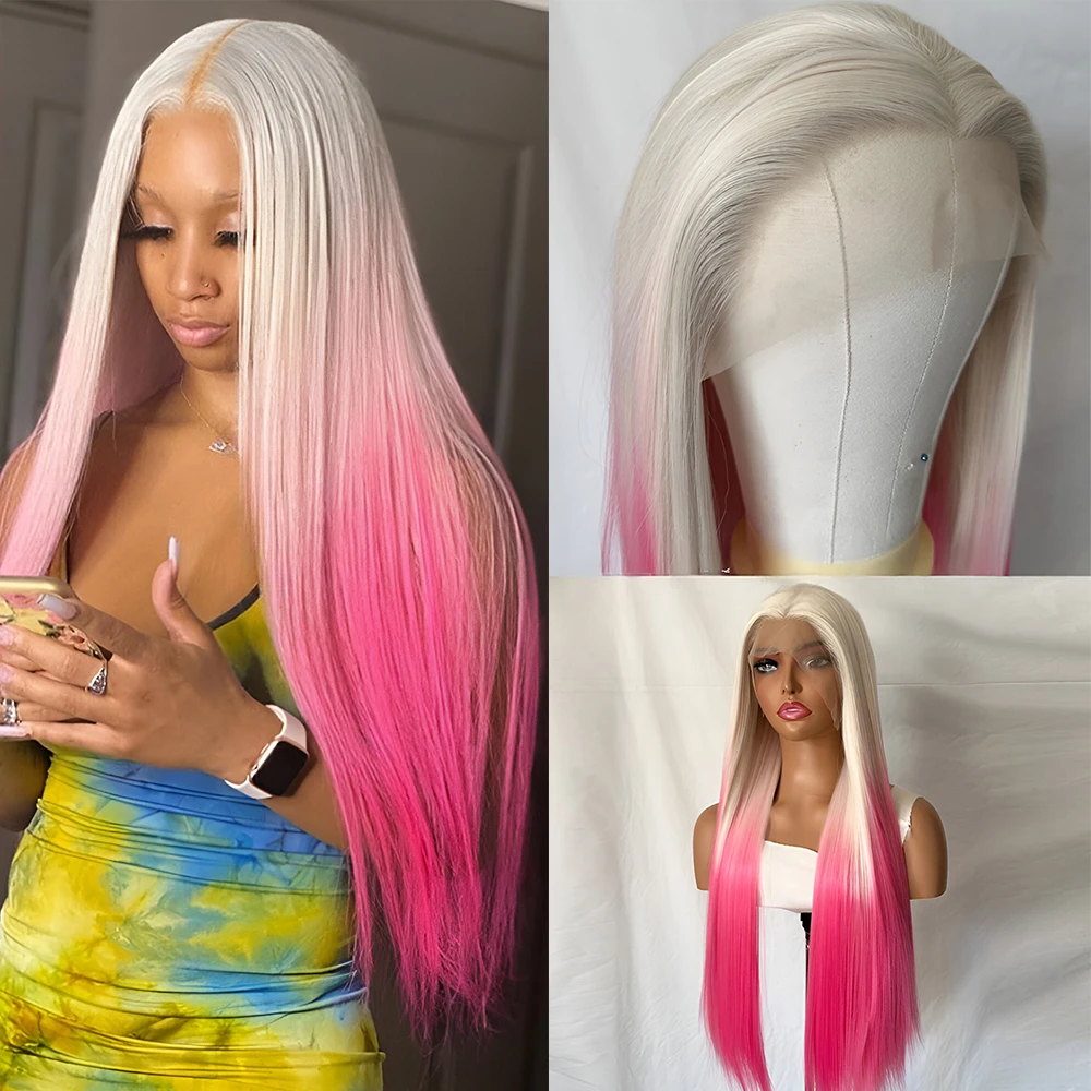 Platinum Blonde To Hot Pink Synthetic Lace Front Wigs For Women Natural Hairline Long Straight Hair Ombre Pink Lace Wigs Cosplay