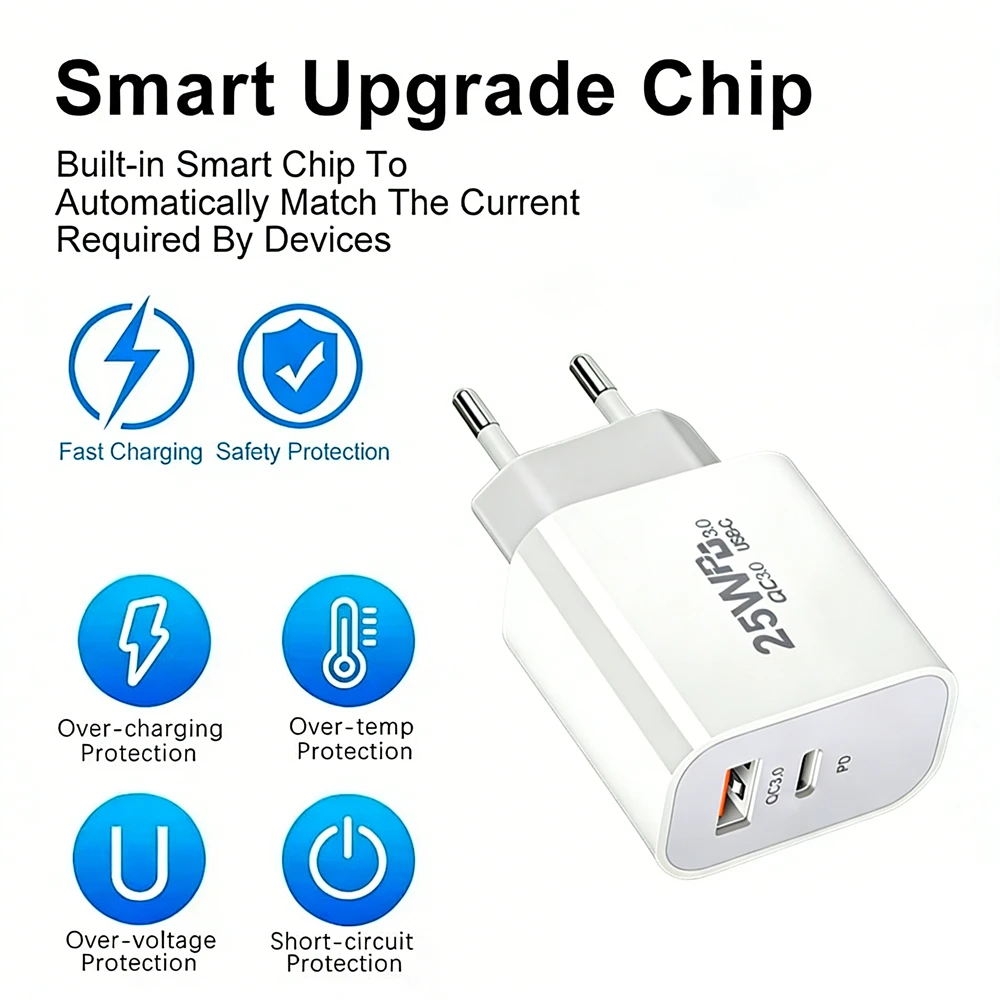 25W PD USB A+C EU Fast Charger For iPhone 11 12 13 Mini 14 Pro Max X XR XS Max 6S 7 8 14 Plus SE 2020 Rapid Charging USB-C Cable