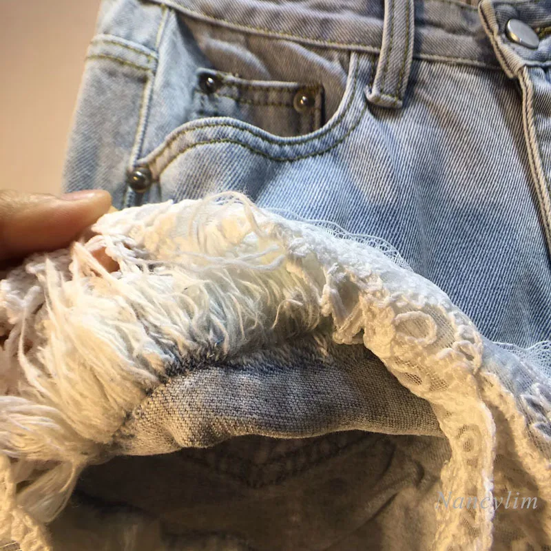European Style Denim Shorts, Lace Patchwork Denim Shorts, 2025 Summer New Splicing Cloth, High Waist Hot Pants